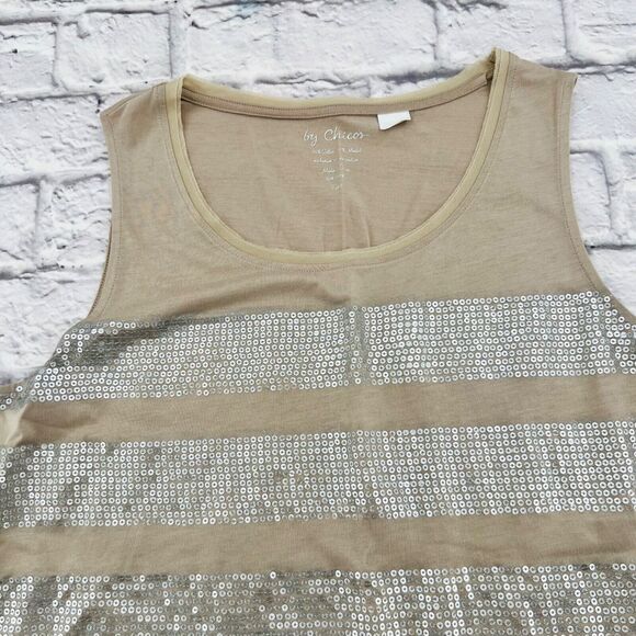 Chico's Sequin Stripe Tank Top 2 Medium 12/14 Brown Tan Sleeveless Round Neck - Picture 2 of 8